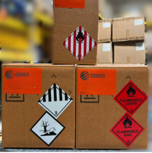 Dangerous Goods boxes labelled and packed for international shipping